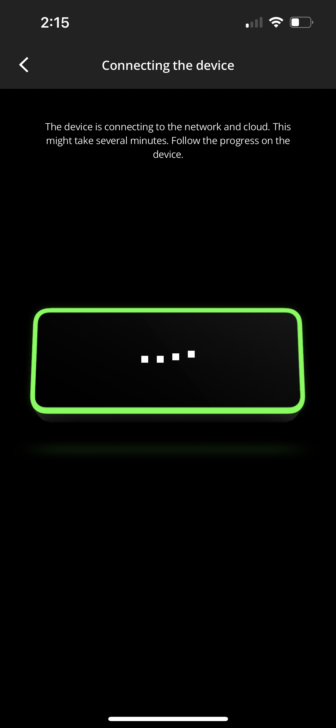The Connecting the device screen and scanning indicator on the phone screen.